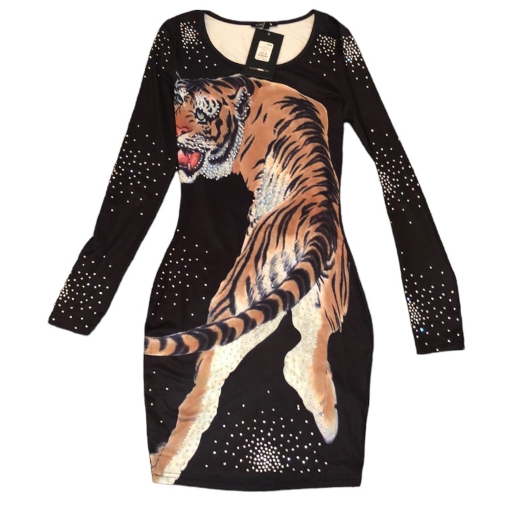 Fashion Nova Living Fierce rhinestone bodycon long sleeve tiger print dress